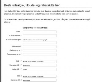 Bestillingsformular til udsalgsskilte, tilbudsskilte og rabatskilte